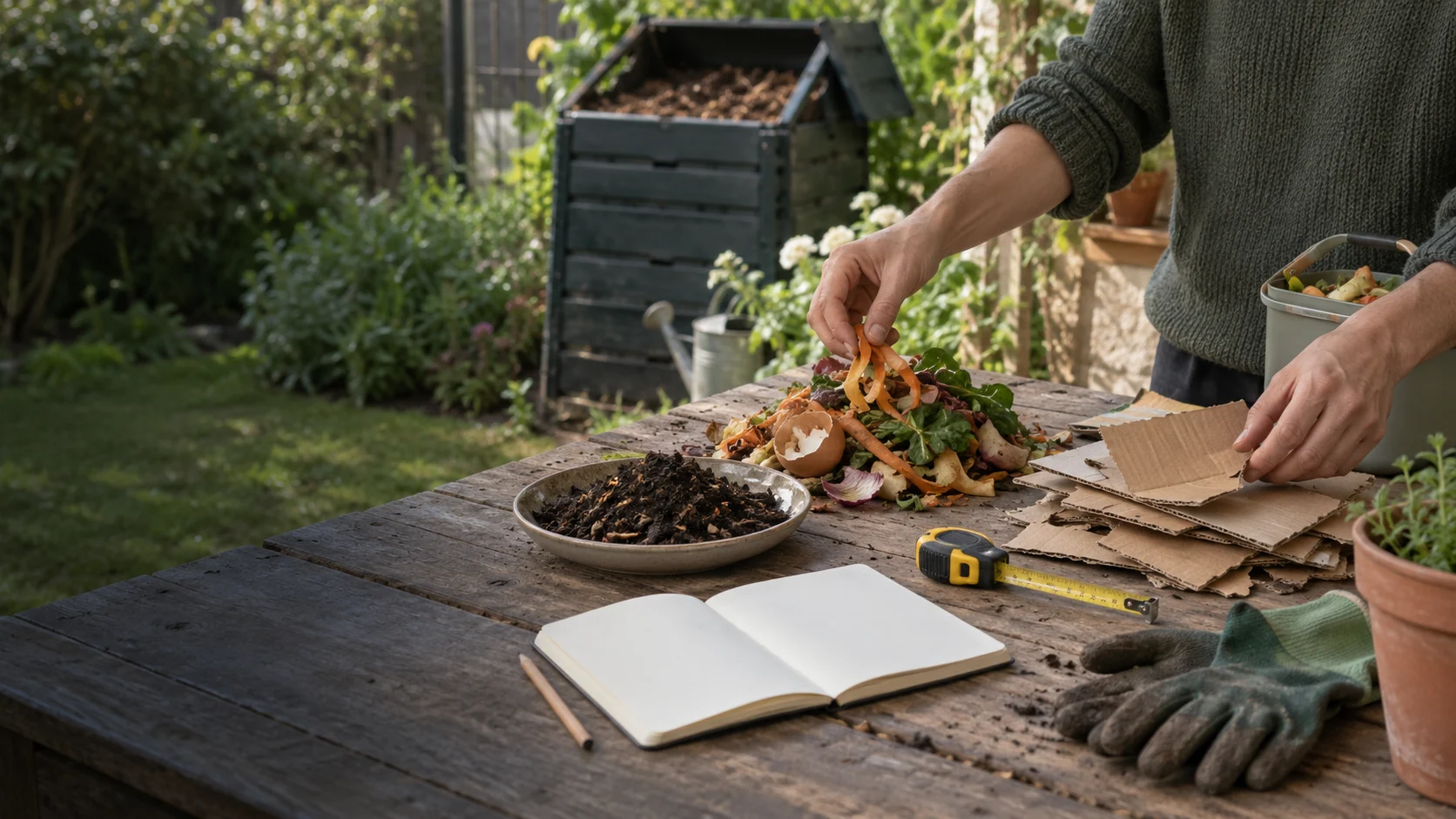 Épluchures, carton, compost mûr, carnet et mètre réunis pour comparer les gestes de compostage