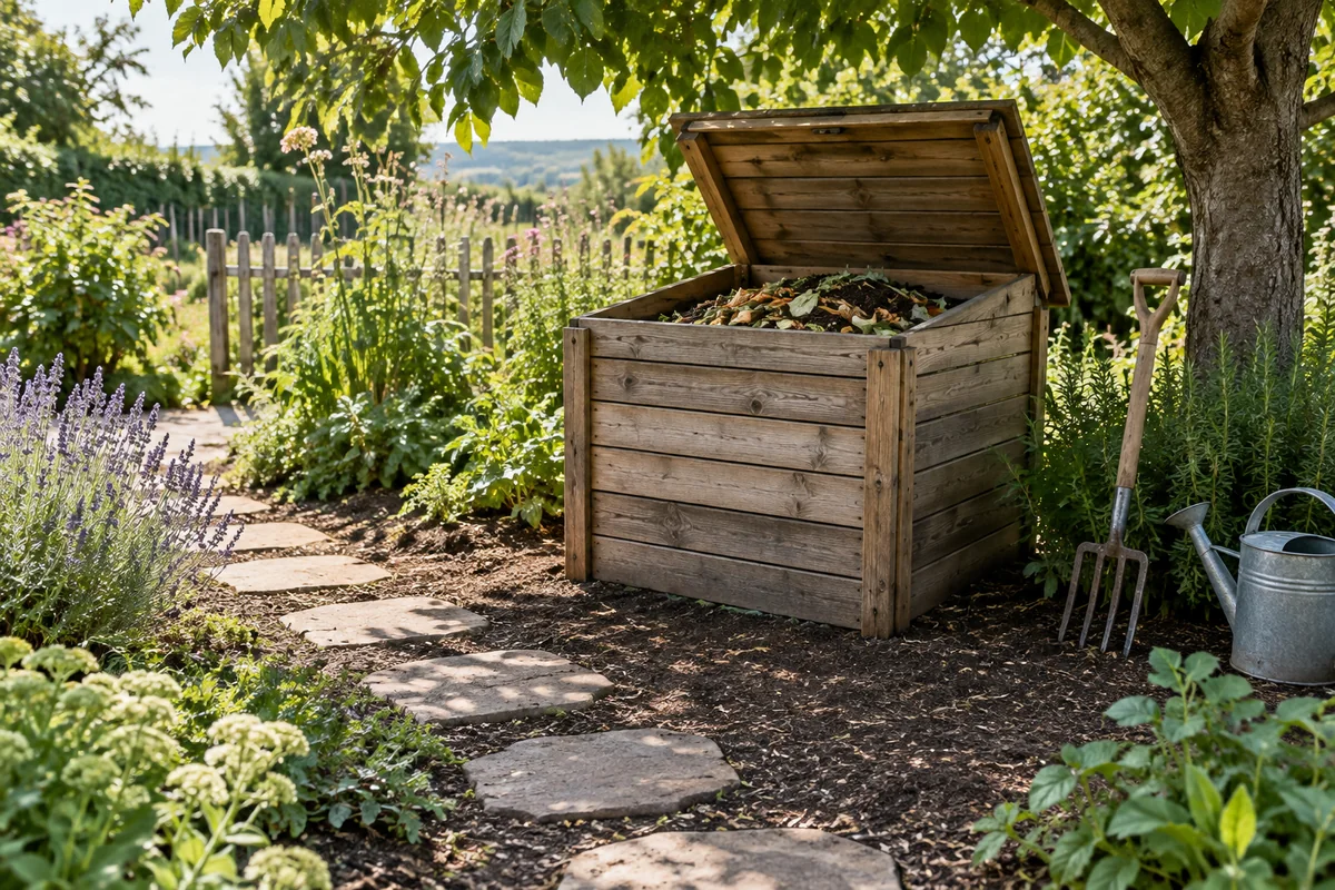 Bac à compost accessible par un passage stable et posé directement sur le sol