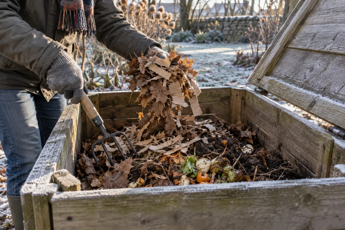 Ajout de feuilles sèches et de carton dans un composteur en hiver