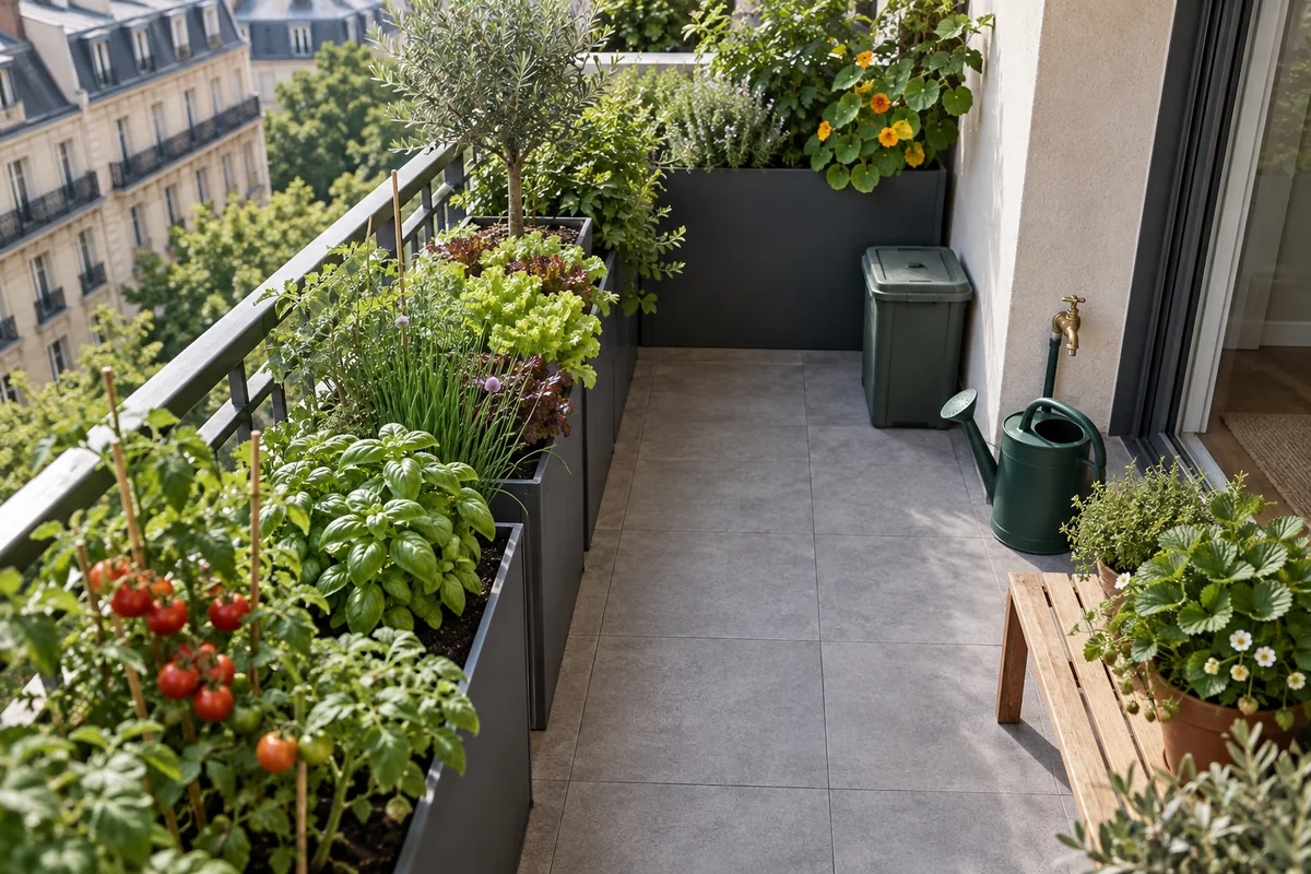 Balcon potager organisé avec un passage libre, un point d’eau et un composteur compact