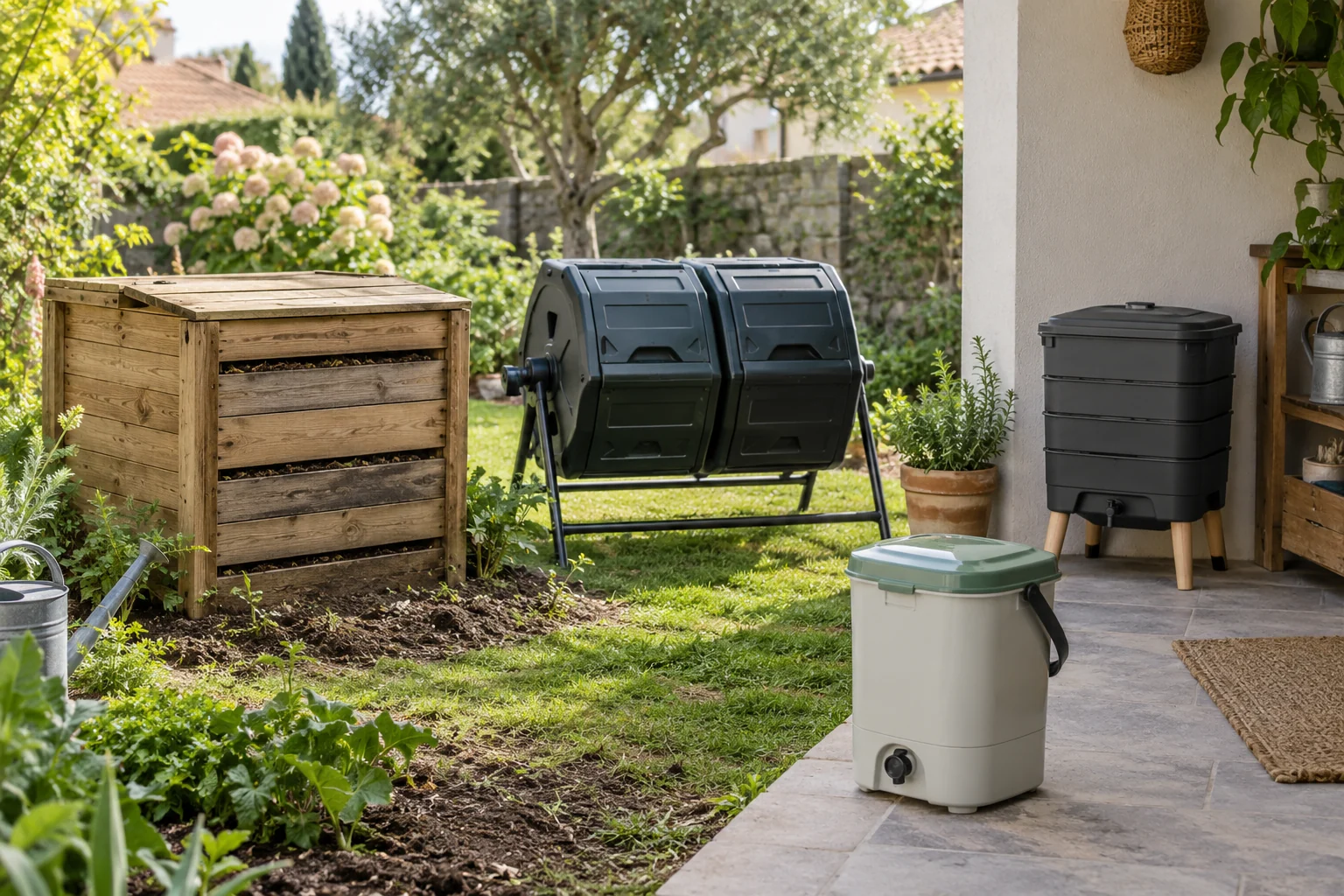 Bac en bois, composteur rotatif, lombricomposteur et seau bokashi réunis entre jardin et terrasse