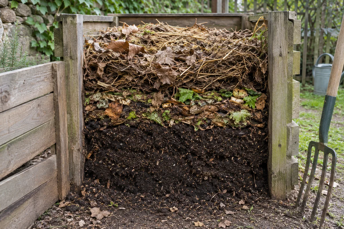 Coupe d’un composteur montrant matières sèches, apports frais et compost mûr