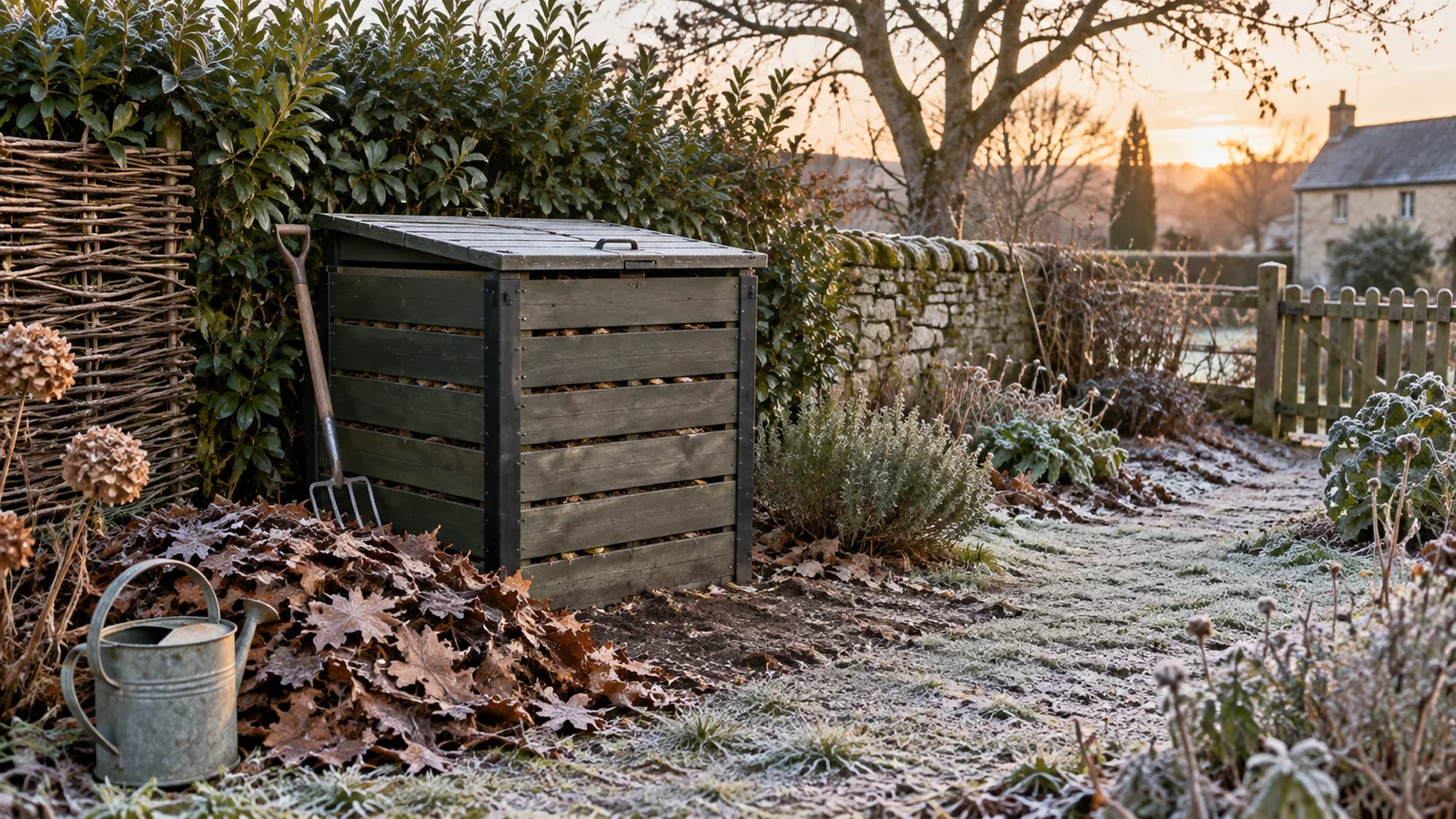 Composteur en bois dans un jardin hivernal légèrement givré