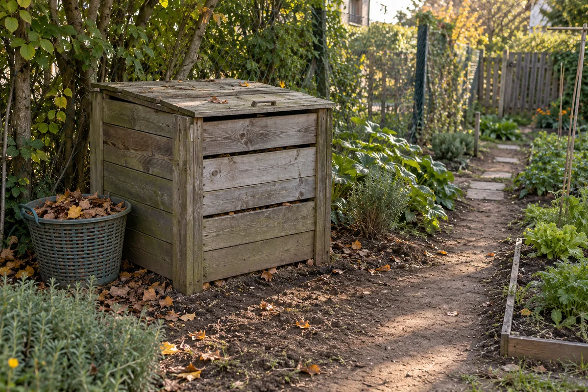 Composteur en bois posé sur la terre, à mi-ombre et accessible par une allée