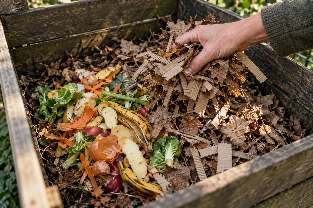 Épluchures recouvertes de carton déchiqueté et de feuilles sèches dans le composteur