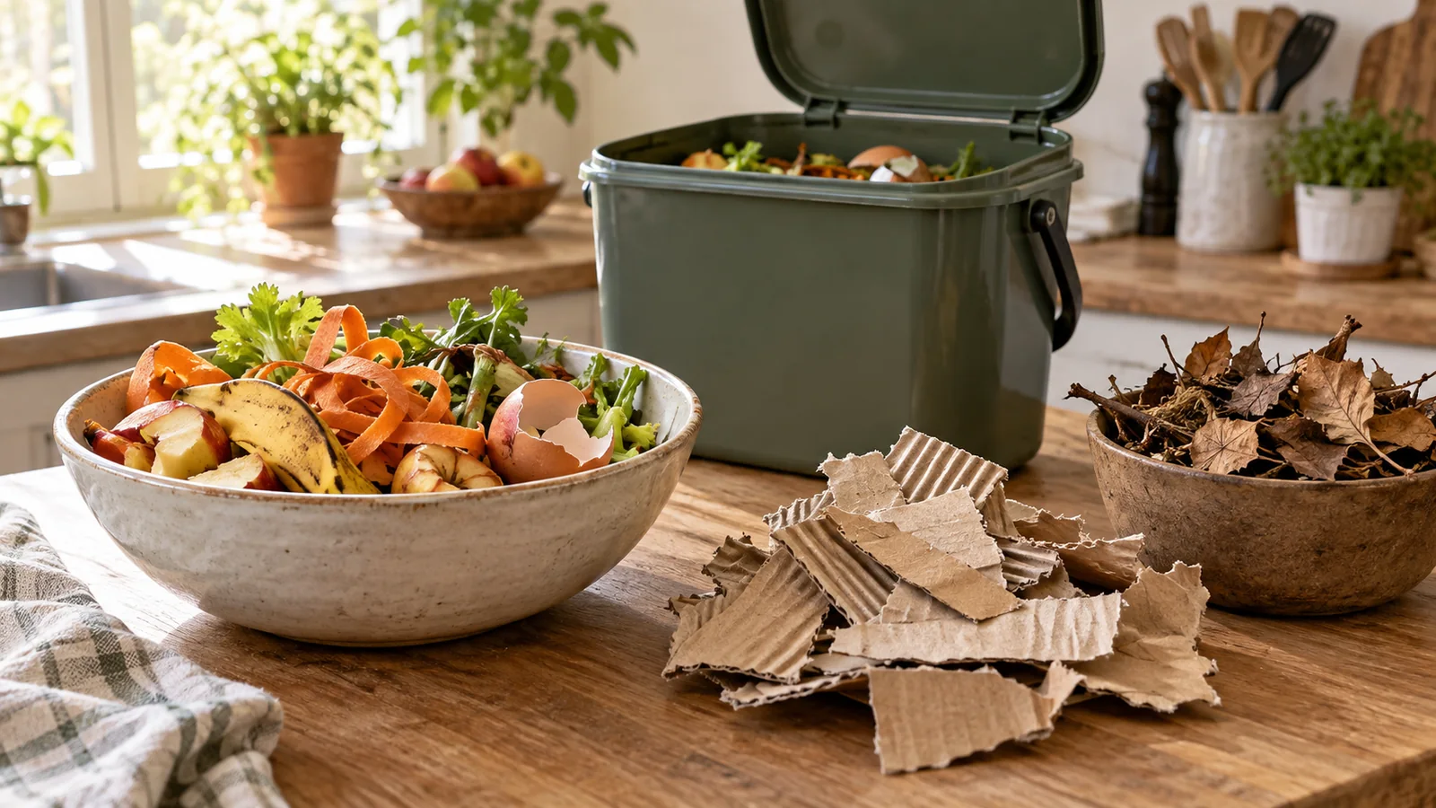 Épluchures de cuisine équilibrées avec du carton brun et des feuilles sèches