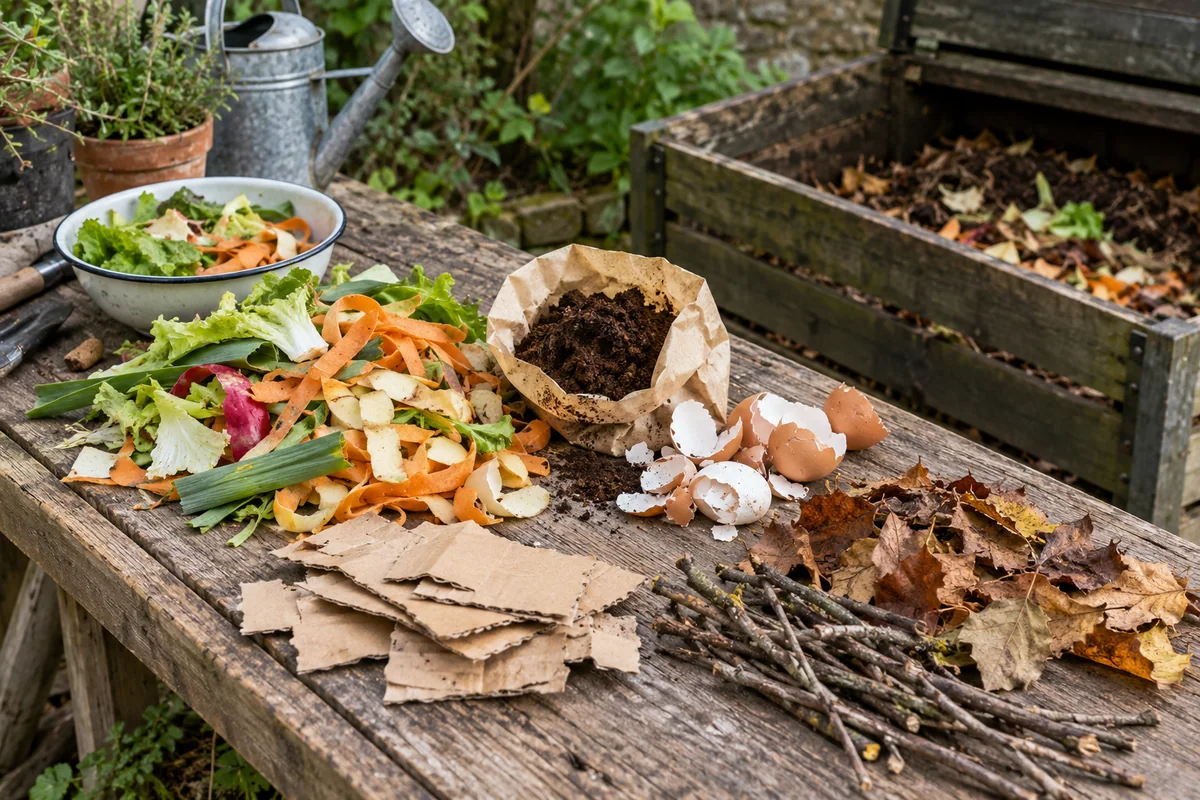 Épluchures, marc de café, coquilles, feuilles, brindilles et carton réunis près du composteur