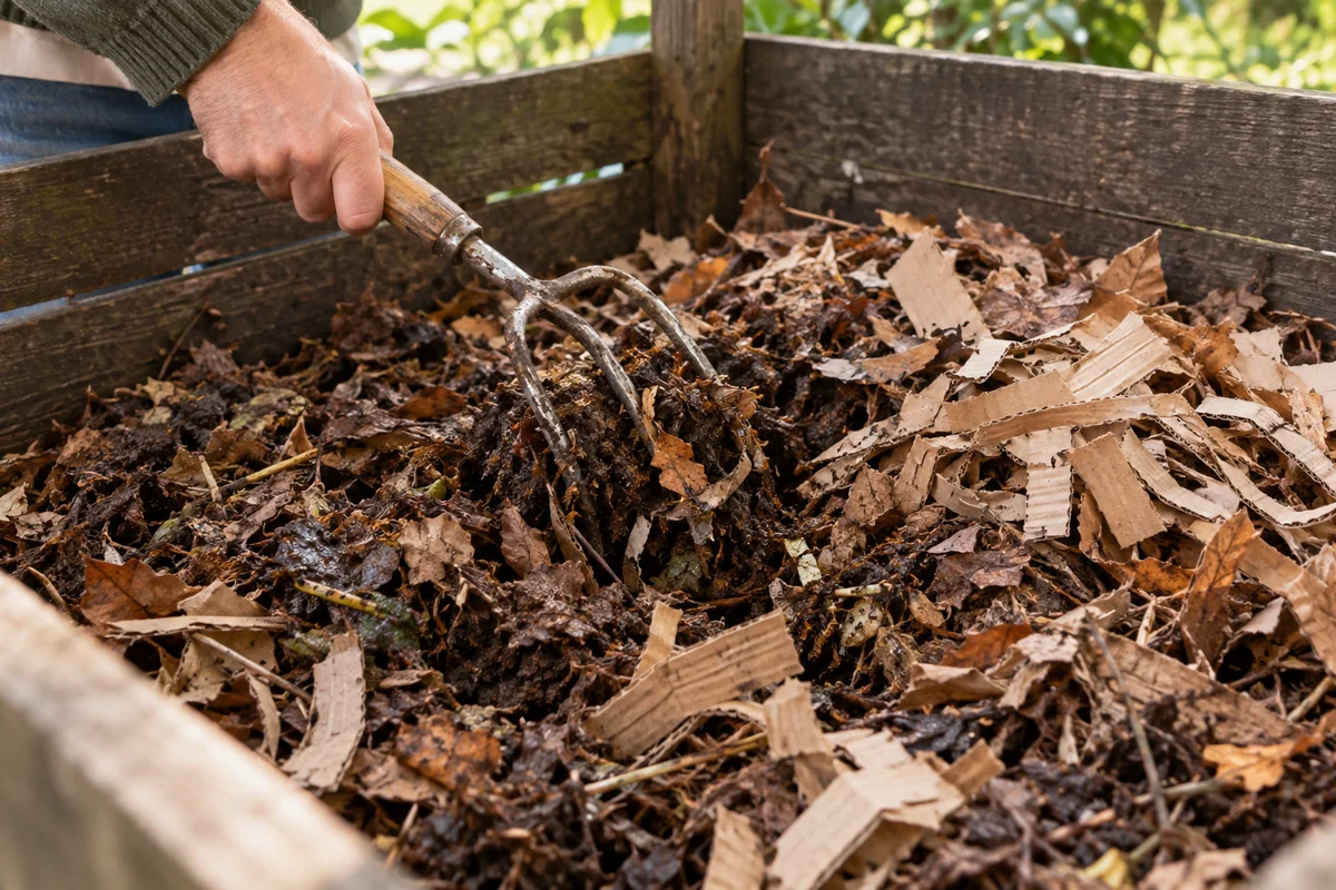 Mélange de carton brun et de feuilles dans un compost devenu trop humide