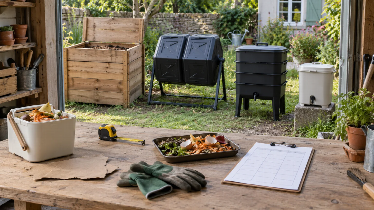 Quatre systèmes de compostage comparés dans un atelier de jardin avec mètre, matières sèches et déchets de cuisine