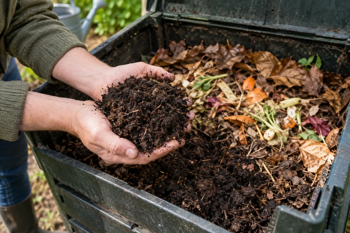 Poignée de compost mûr montrant une texture sombre et grumeleuse