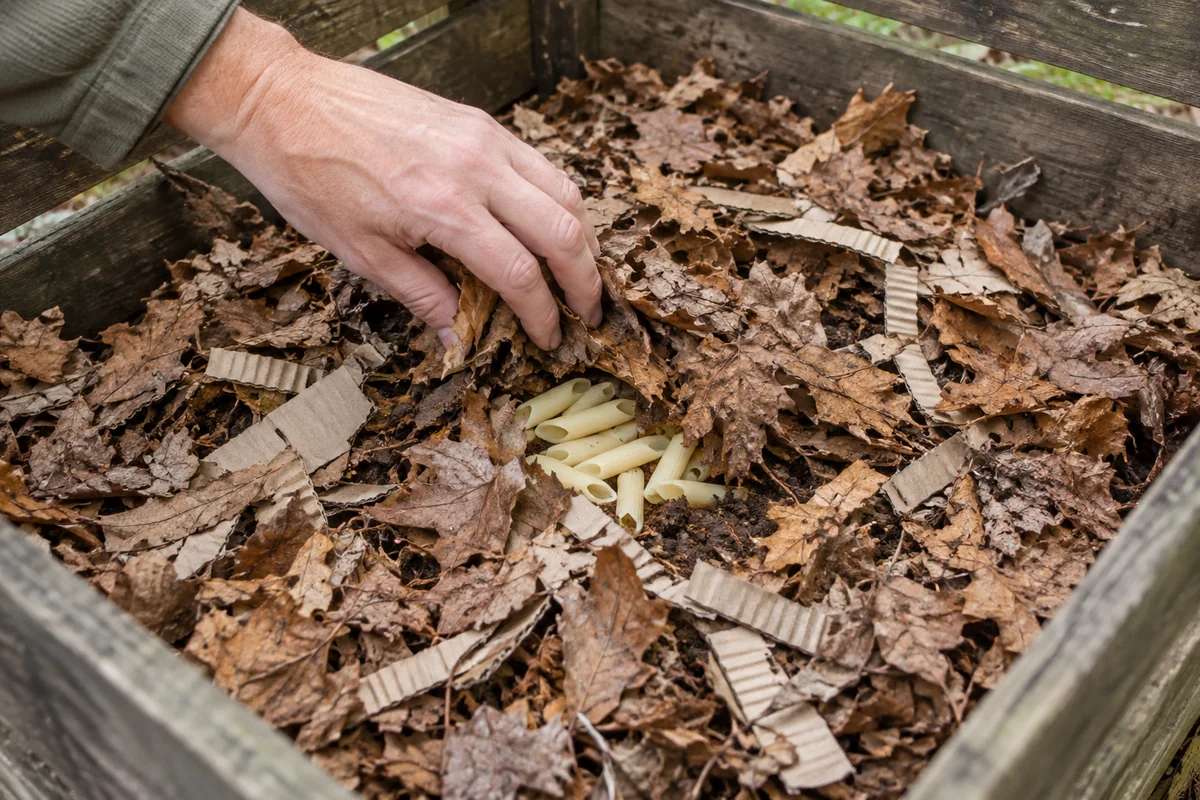 Pâtes nature en petite quantité recouvertes de feuilles et de carton dans le composteur