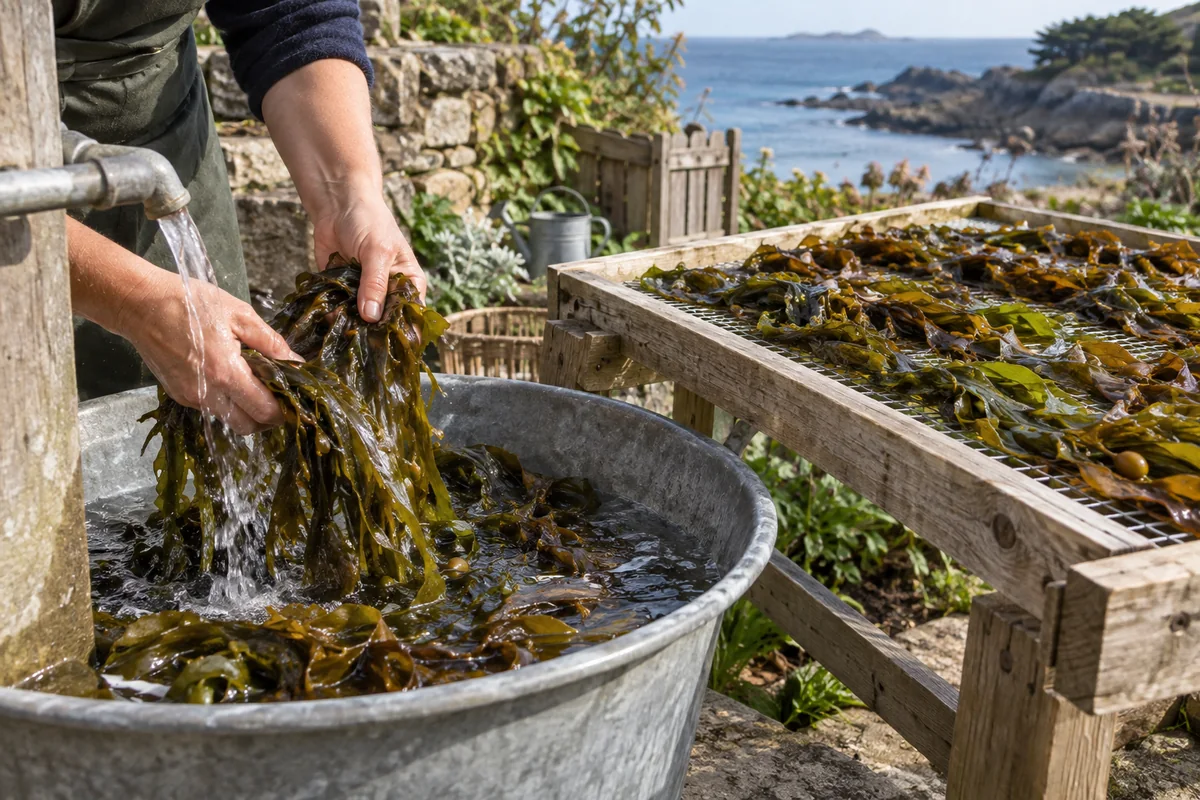 Rinçage à l’eau douce et égouttage des algues avant compostage