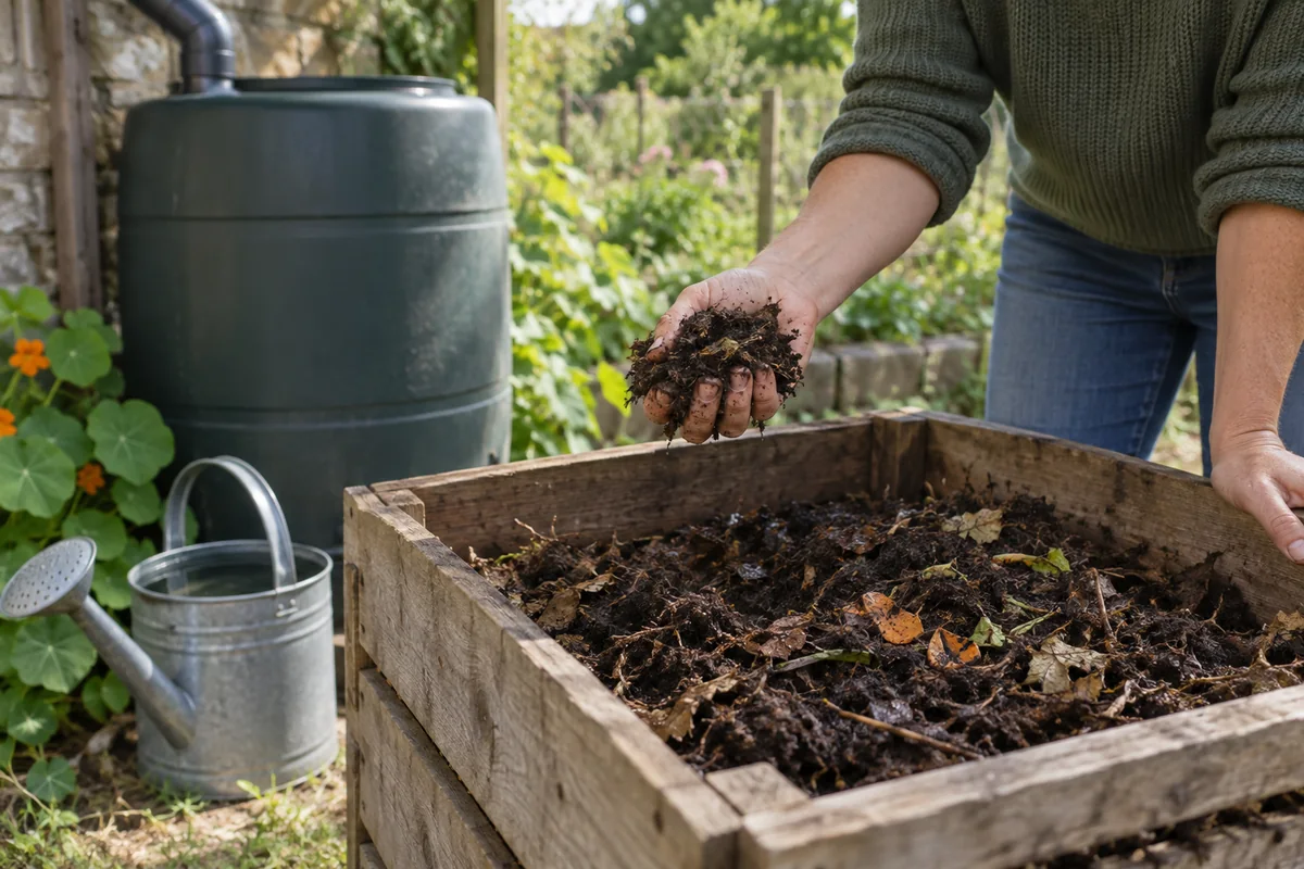 Test manuel de l’humidité du compost avant un arrosage à l’eau de pluie