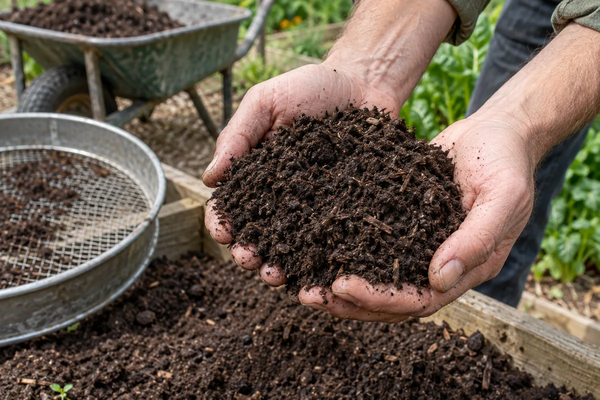 Compost mûr sombre et grumeleux tenu entre les mains près d’un tamis