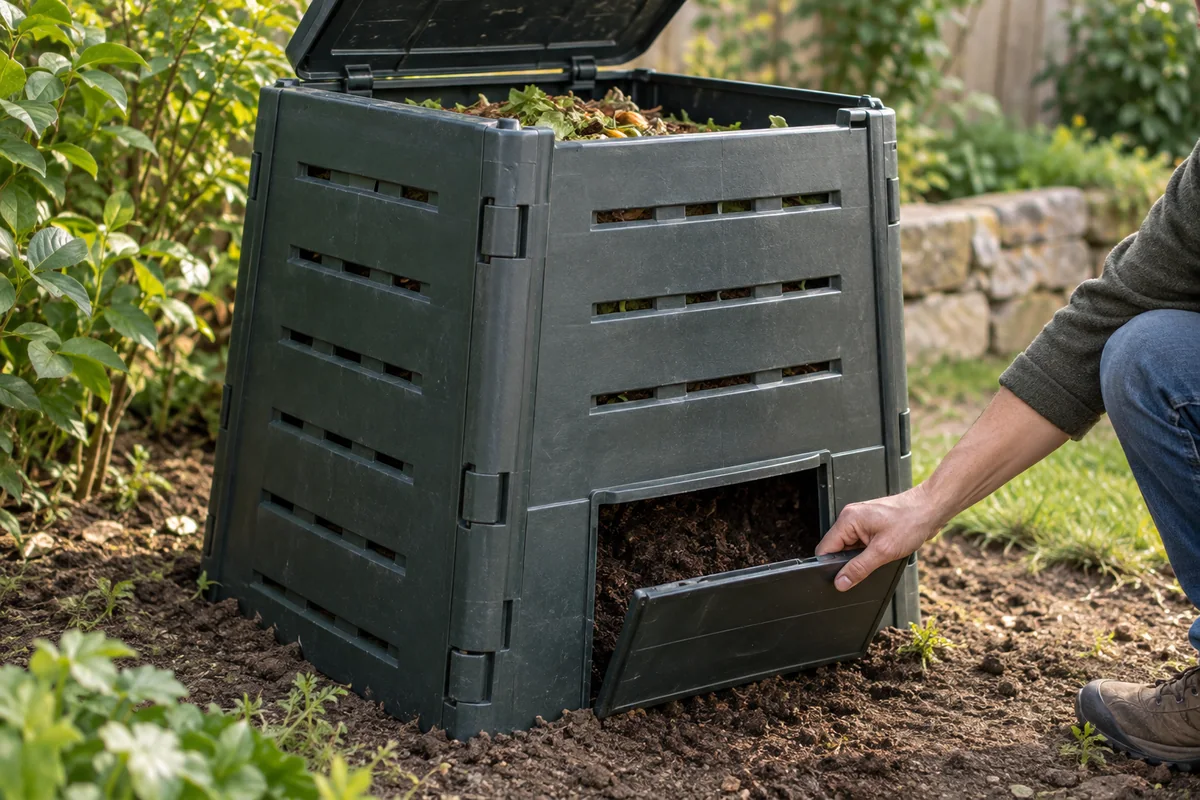 Vérification de la trappe basse et des aérations d’un bac à compost extérieur