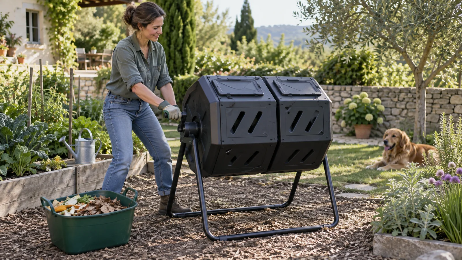 Utilisation d’un composteur rotatif à deux chambres dans un jardin