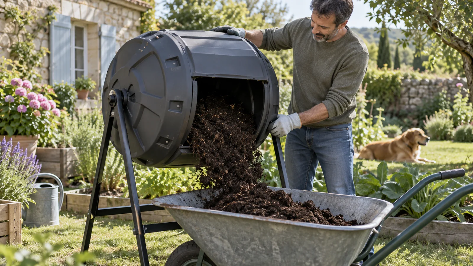 Compost mûr vidé d’un composteur rotatif dans une brouette